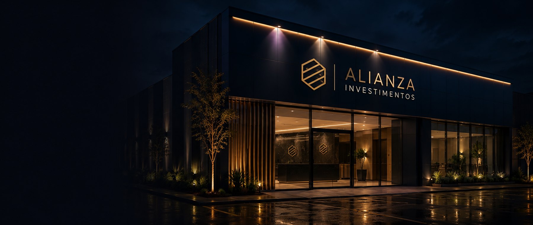 Fachada corporativa em ACM iluminada à noite