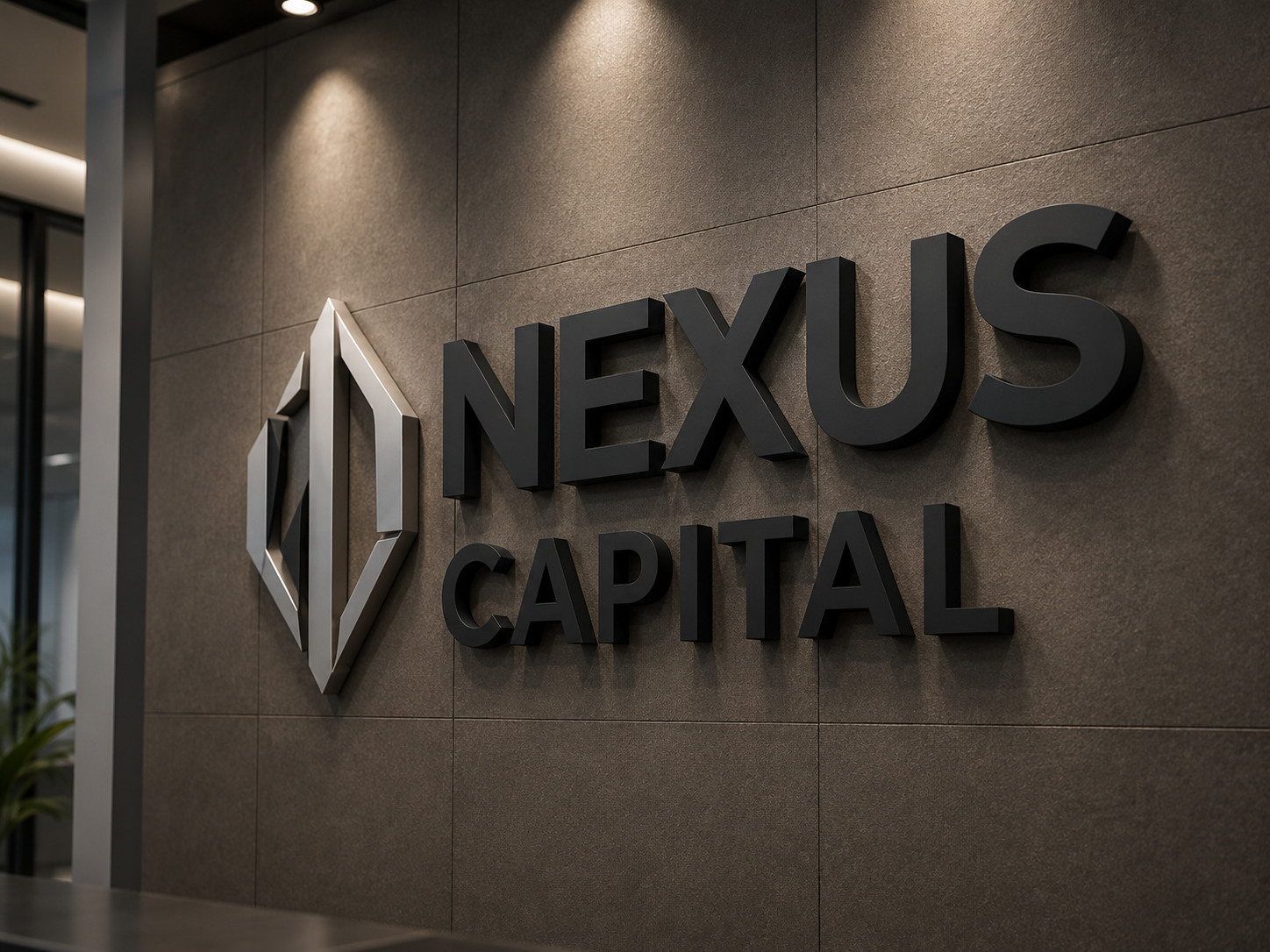 Logo em relevo aplicado em parede corporativa